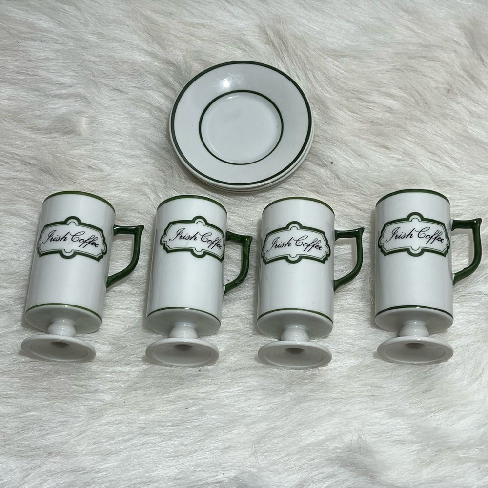 Vintage Knobler Japan White & Green Irish Coffee Mug/Saucer -- Set‎ of 4 - Picture 8 of 9